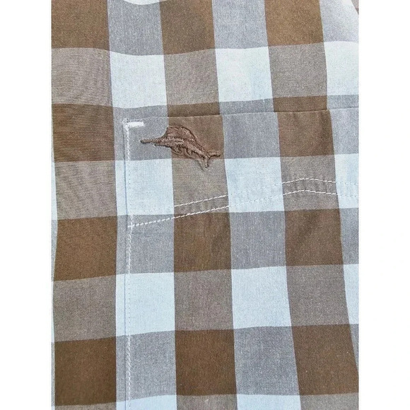 Tommy Bahama Size Large Mens Brown Blue Check Button Down Embroidered Logo Shirt - Picture 7 of 13